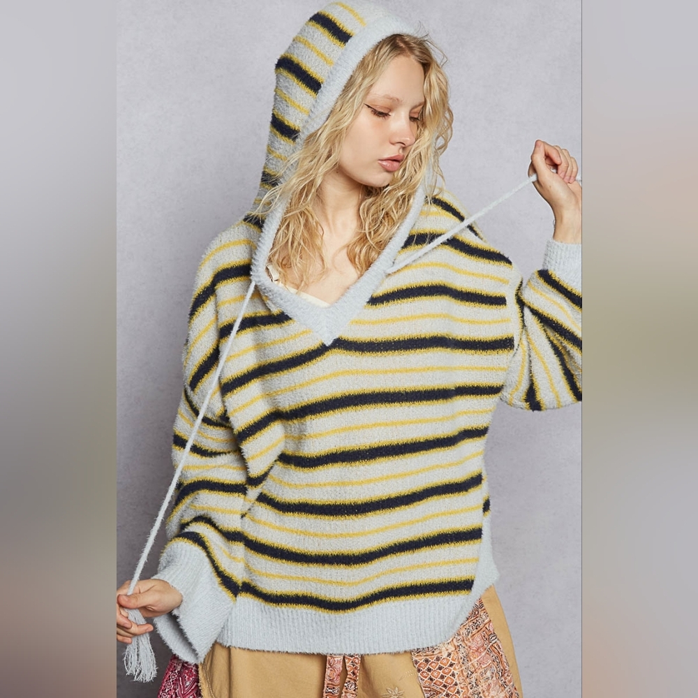 POL V-Neck Long Sleeve Striped Mohair Sweater Hoodie